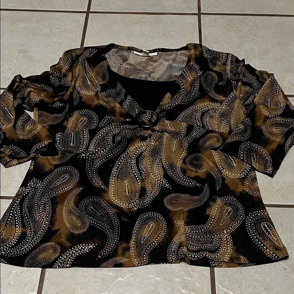 JM Collection Elegant Black and Gold Paisley Women's Top